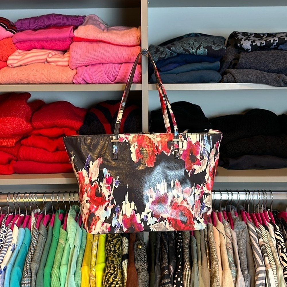Kate Spade purple with red abstract flowers tote bag